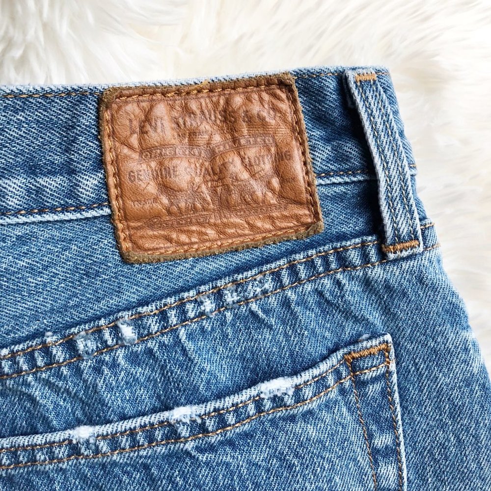 Levis Distressed High Rise Blue Jean Skirt with Raw Hem | 30 - Picture 8 of 11